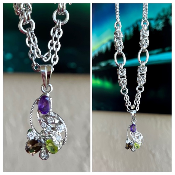 Handmade maille links stainless steel chains + sterling silver amethyst peridot - Picture 1 of 16